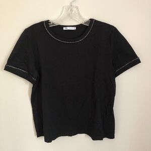 Zara Black Short Sleeve T-Shirt with Silver Accent on Collar and Sleeves Size S